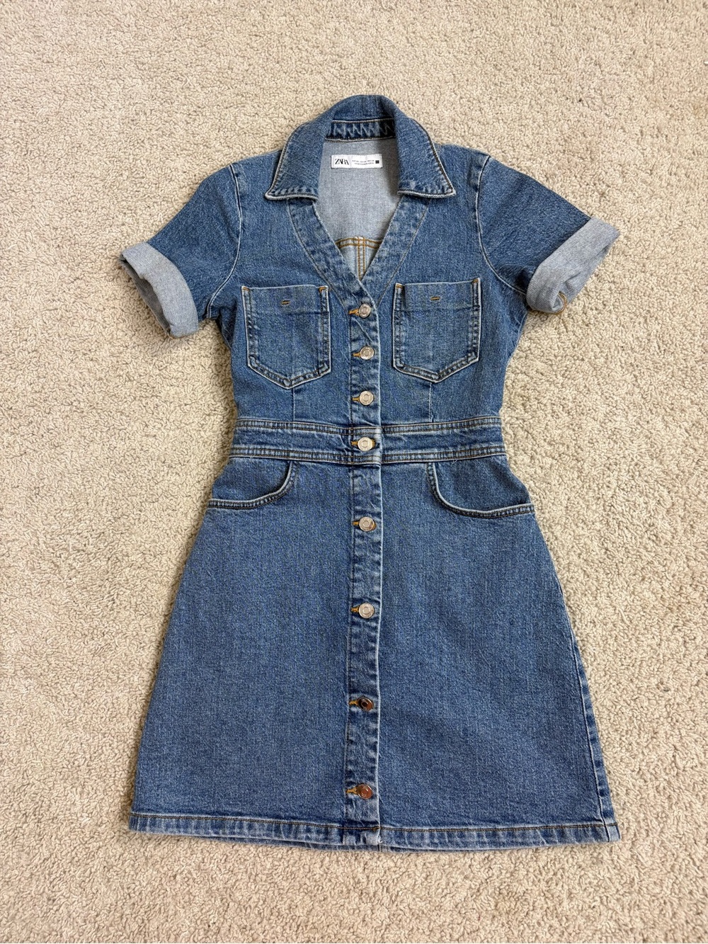 Women's ZARA Indigo Blue DENIM Fitted BUTTON Front MINI DRESS XS